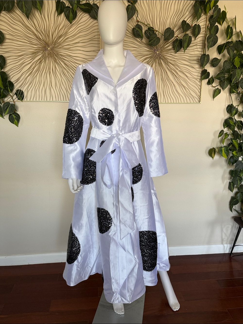 Nubiano Church Dress White with Black sequined Circles lined Like New